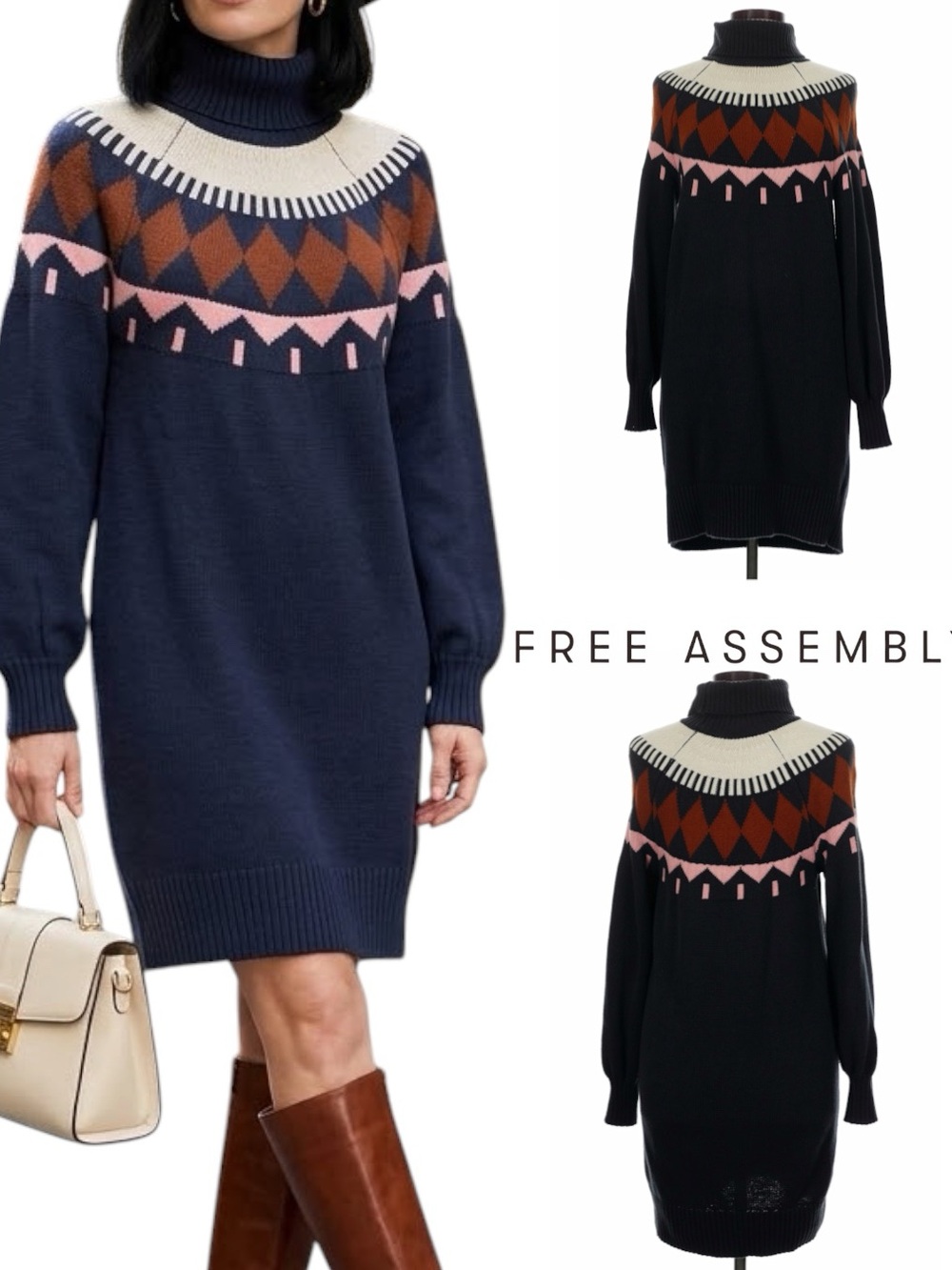 Free Assembly |NWOT Cotton Wool Navy Blue Fair Isle Turtleneck Sweater Dress (M)